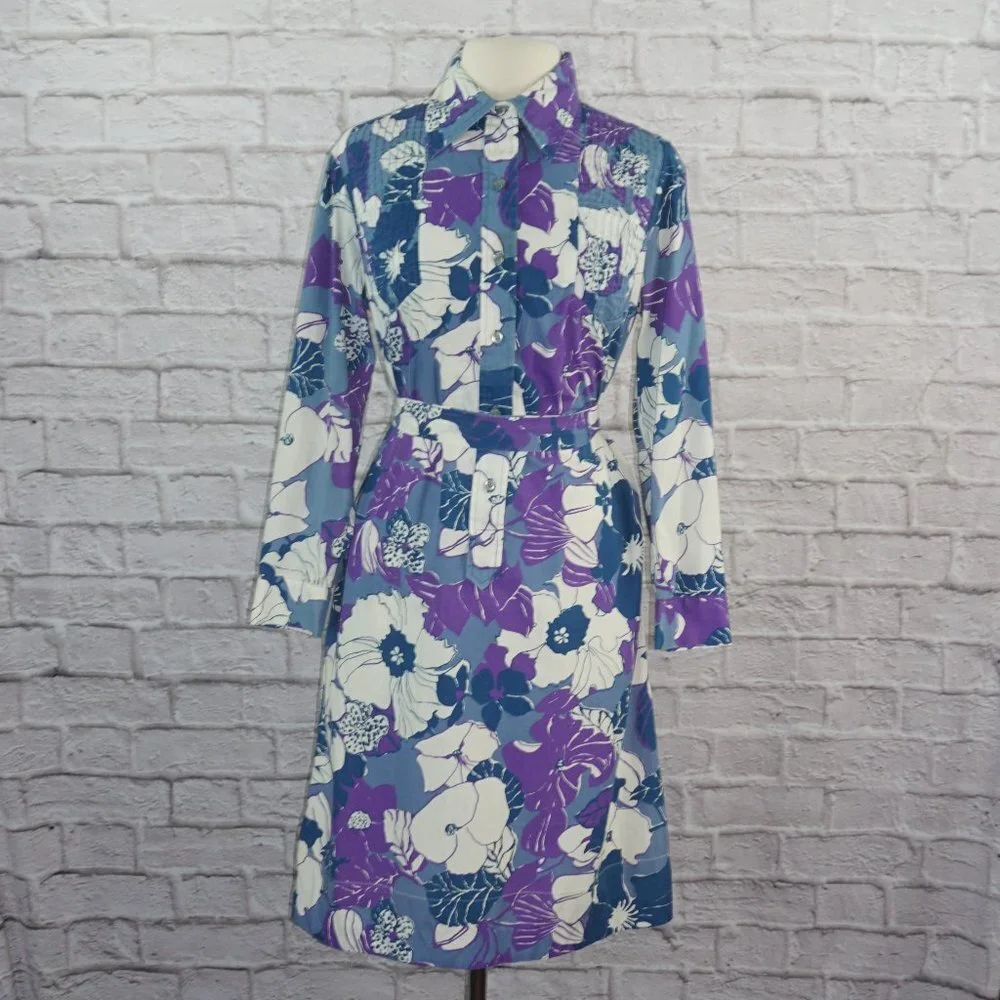Vintage 60s Floral Belted Shirt Dress - Picture 1 of 7